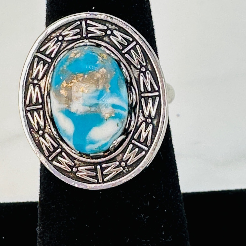 Vintage Faux Turquoise Ring Adjustable Silver-tone Southwestern Boho Statement - Picture 2 of 8